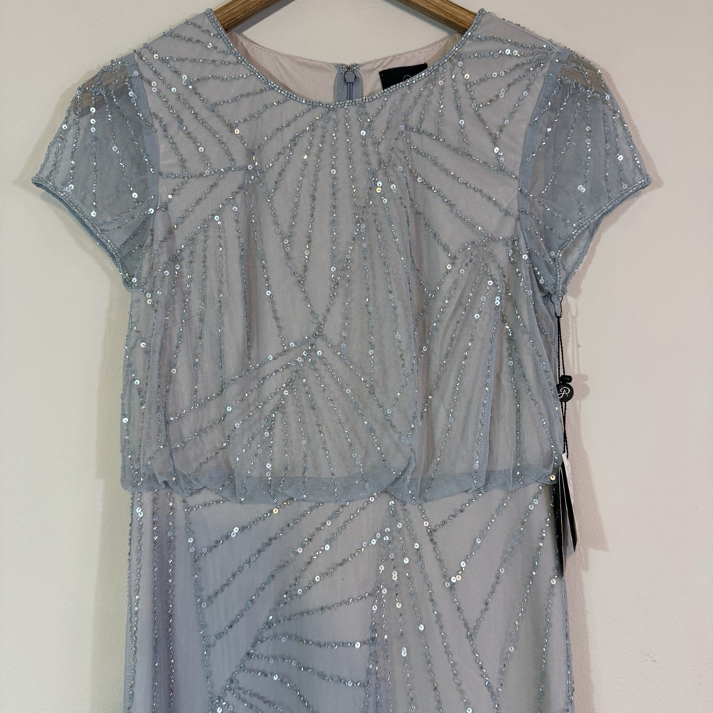 ADRIANNA PAPELL Beaded Cap Sleeve Blouson Gown Grayish Blue Size 4 - Picture 4 of 7